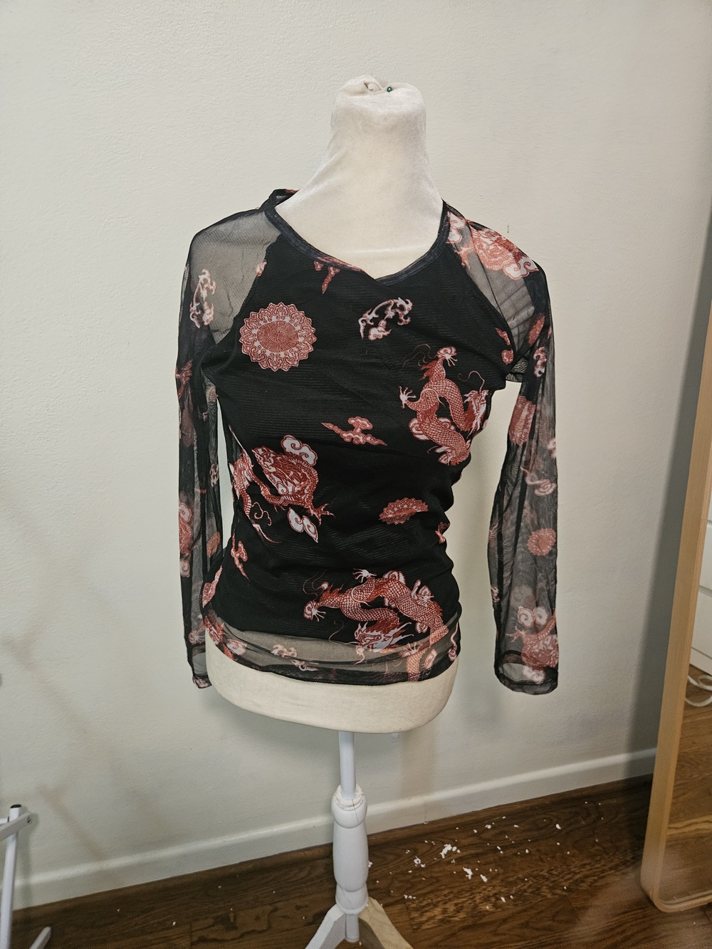 Sheer Black Mesh Long-Sleeve Top with Red Dragon Print